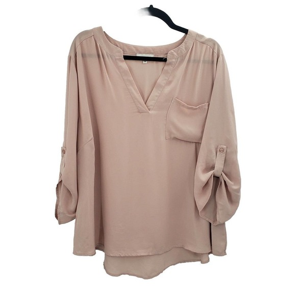 Adrienne Vittadini Pink Blush Blouse Women Size 2x Roll Tab Sleeve V Neck Pocket - Picture 1 of 11